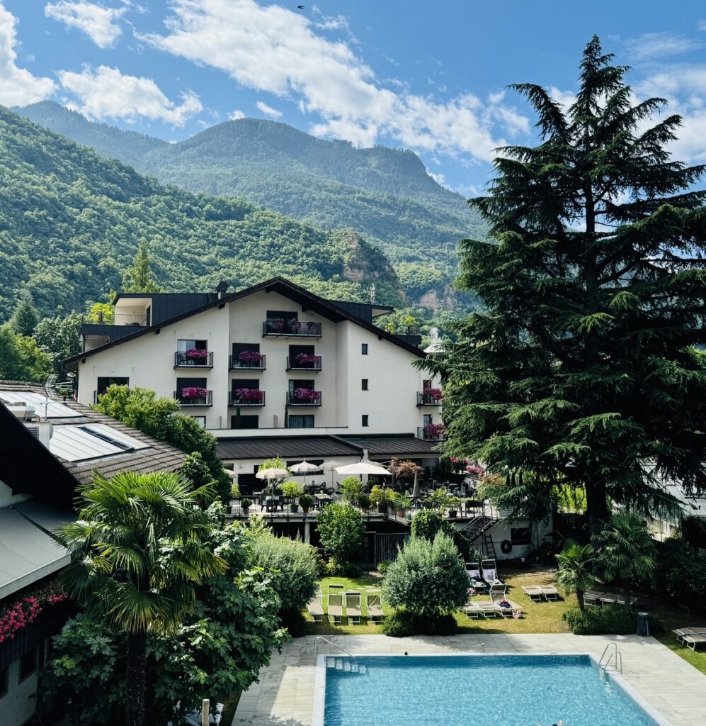 Hotel mit Swimmingpool vor einer Bergkulisse in Südtirol